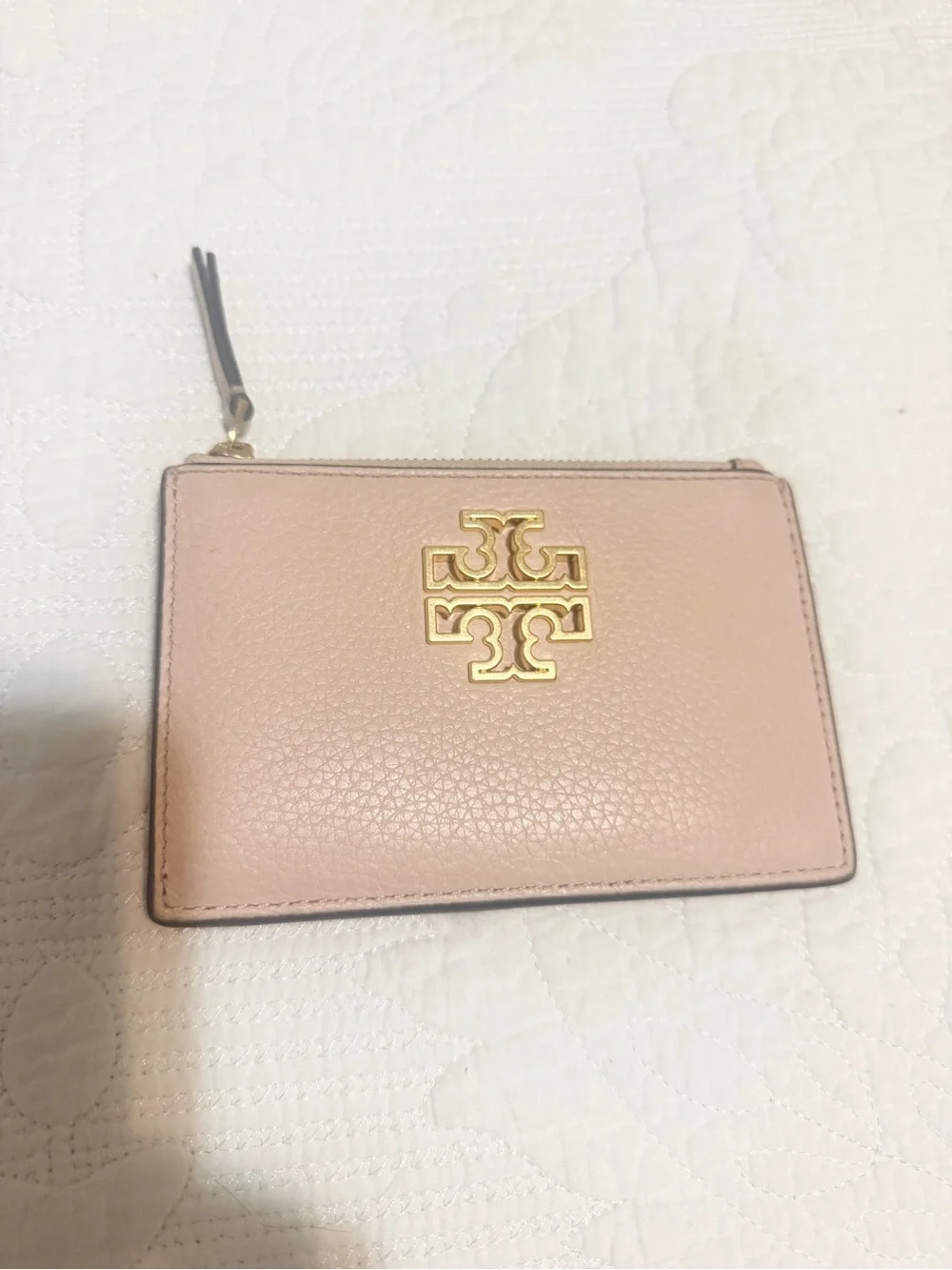 Tory Burch Blush Pink Leather Zip Card Case with Gold Logo